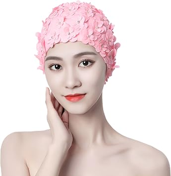 Womens Floral Petal Swim Cap Retro Flower Pearl Bathing Caps Girls Long Short Hair Elastic Beach Swimming Turban Hat