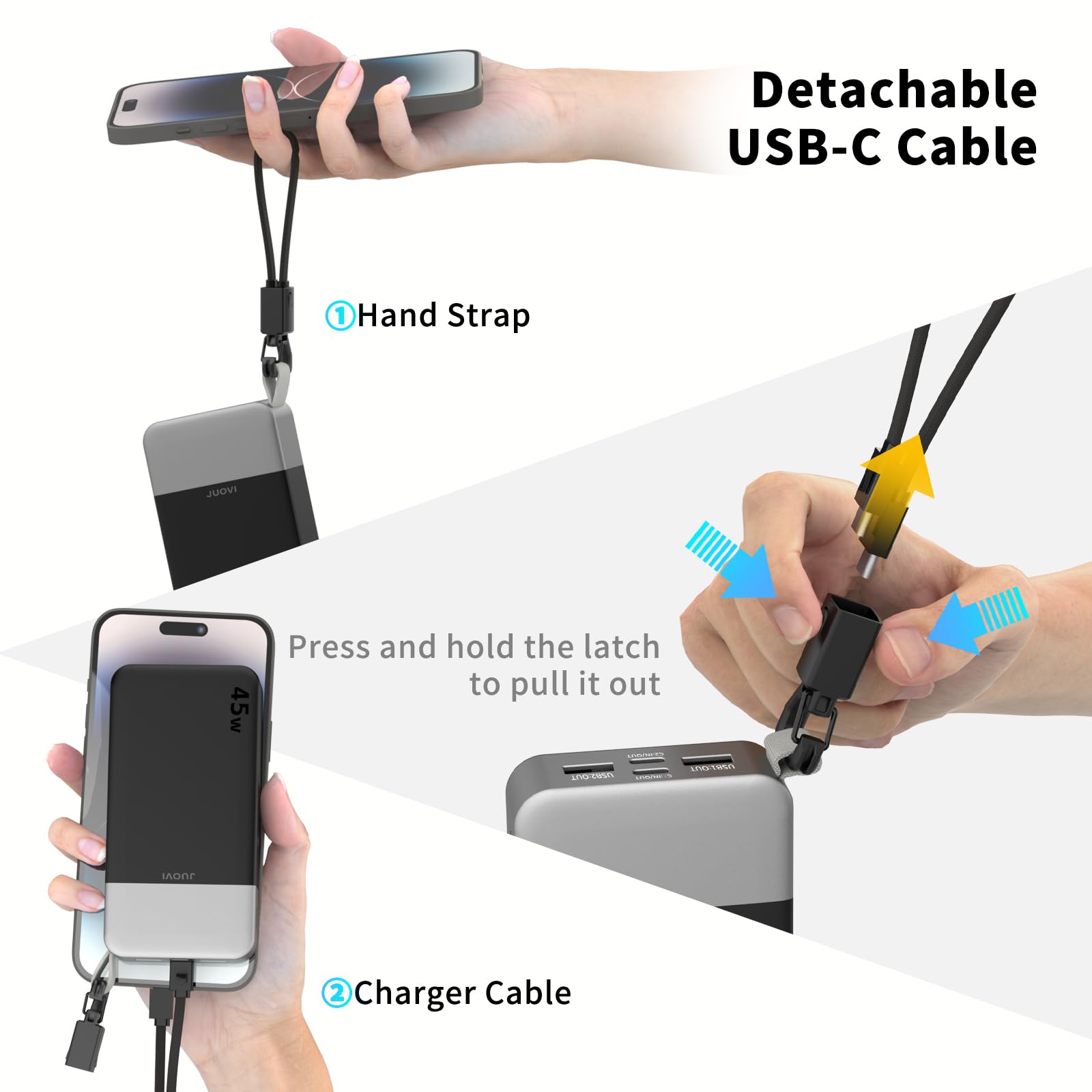 JUOVI Batería Externa Carga Rápida, 45W Power Bank 20000mAh con USB-C Cable | Batería Portátil con Cable Desmontable y Pantalla LED, Cargador Portátil Compatible con iPhone 17 16 Galaxy S26 S25 iPad