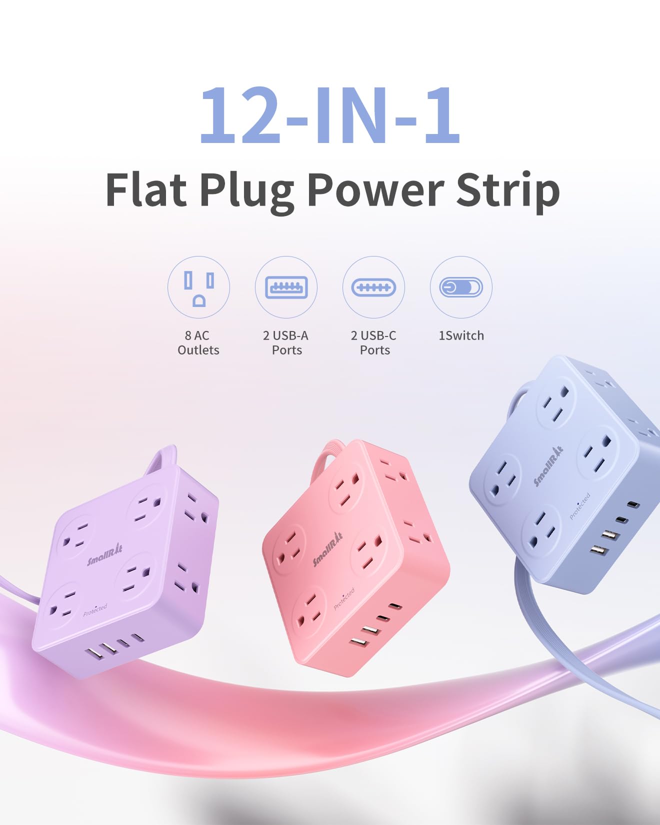 SMALLRT Elektrische Mehrfachkontakt-Steckdose, flach, mit Überspannungsschutz, 8 AC-Steckdosen, 4 USB-Ladegeräte (1 USB-C-Port), ultradünn, flache Steckdose (Blau, 1,98 m)