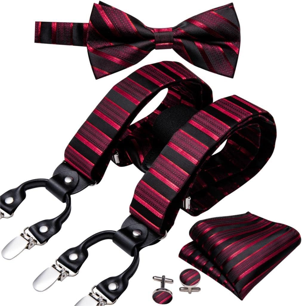 Suspender for Men Silk Bowtie Set Cufflinks Elastic Wedding 6 Clips Bow Tie for Party