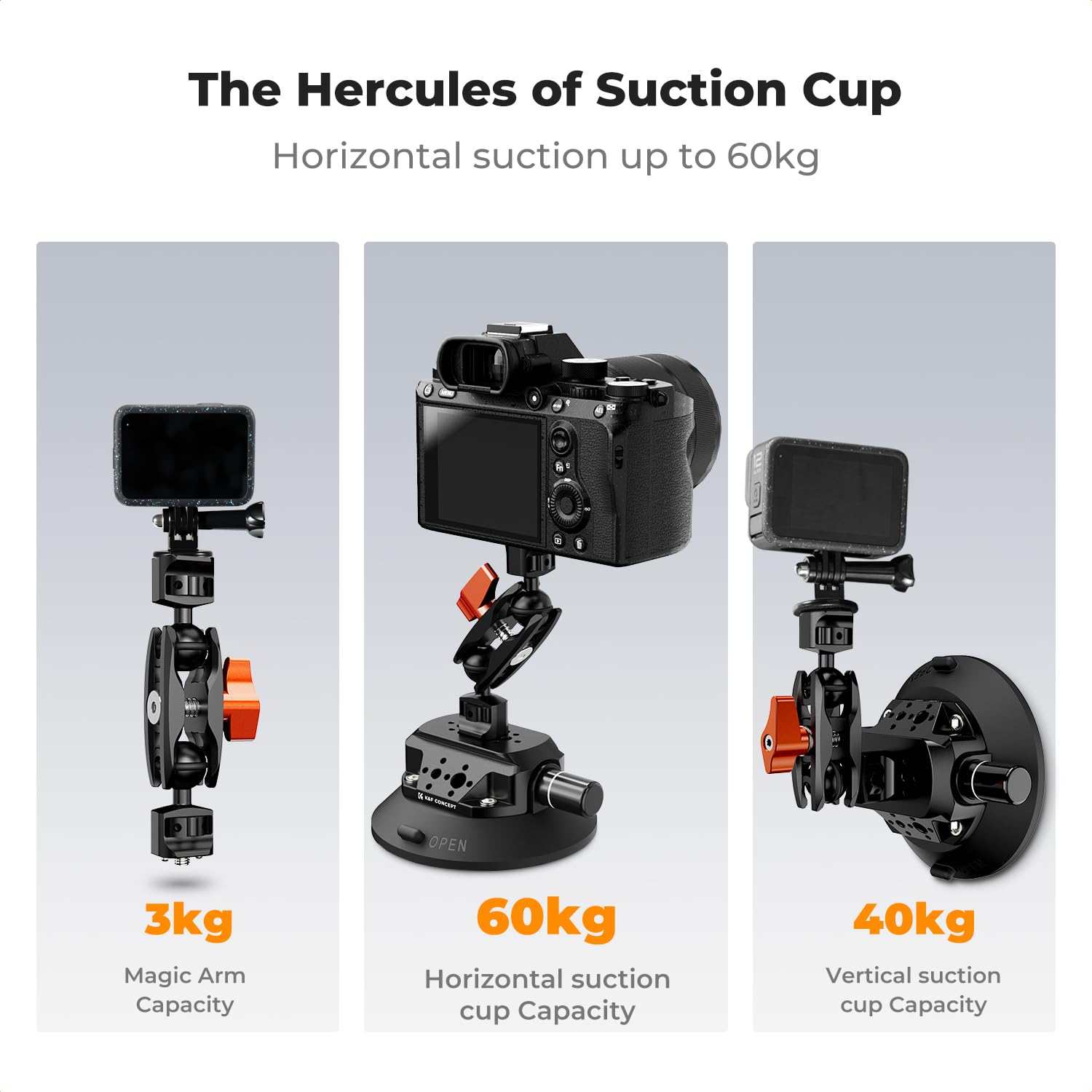 K&F CONCEPT 6" Saugnapfhalterung mit Kugelkopf, 1/4" 3/8" Gewinde | Für Insta360 X5 X4, GoPro, DJI Osmo Action 5, Handy, Auto, 360° verstellbar, MS46