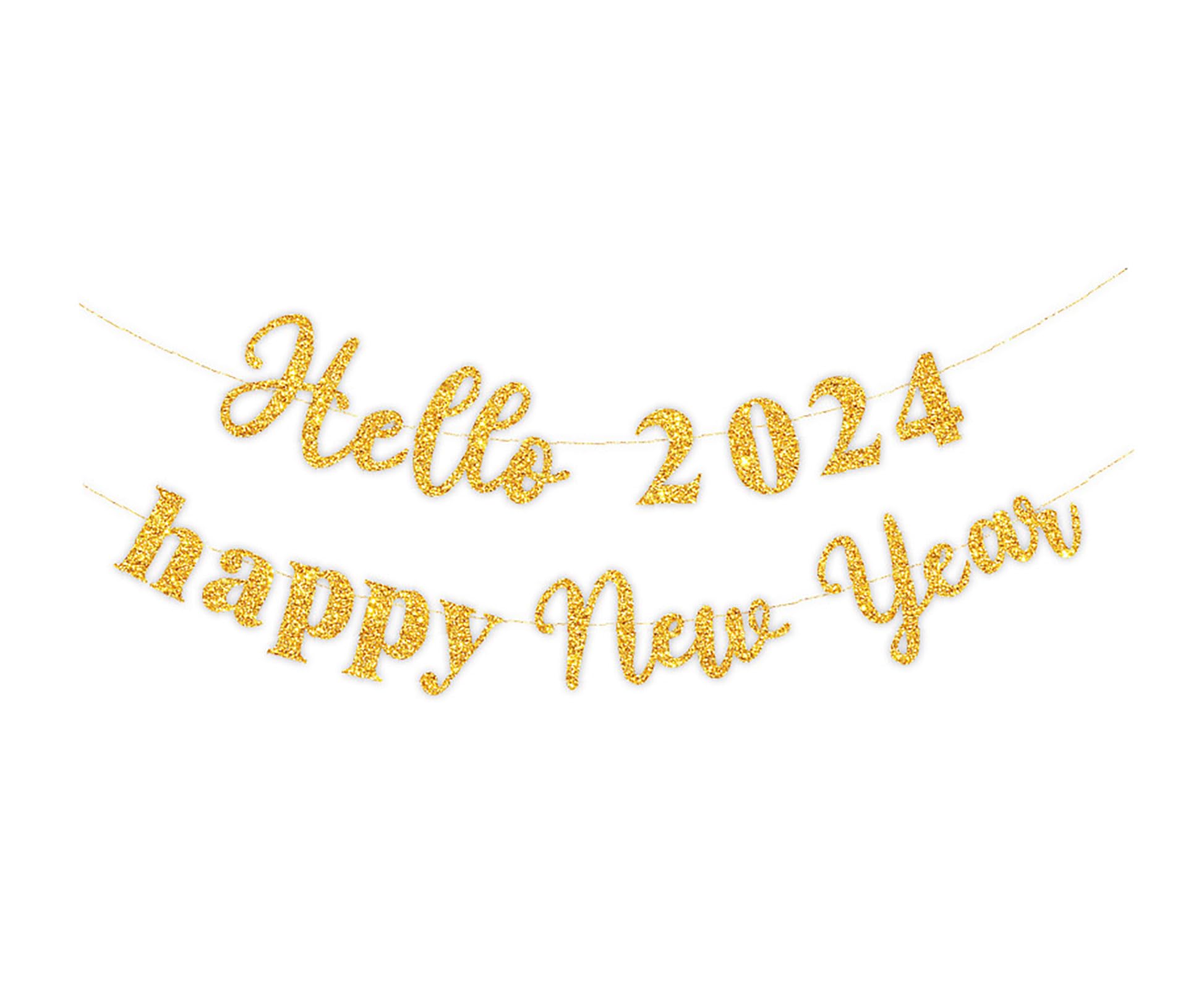 Hello 2024,Happy New Year Gold Glitter Banner,Happy New Year Party Decorations,Welcome 2024 New Year's Eve Carnival,Happy 2024 Party Decorations Supplies