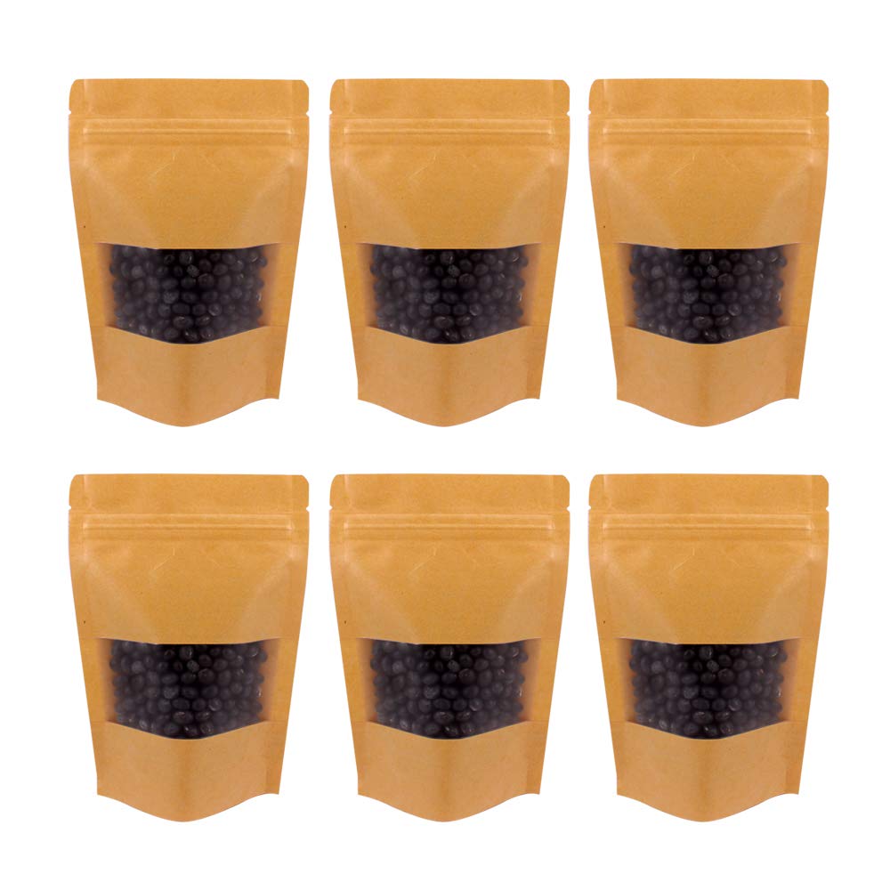 Belinlen 200pcs 10x15cm Self-Sealing Kraft Paper Bag with Window Resealable Kraft Stand Up Pouches Kraft Zip Lock Food Storage Bags Multipurpose for Dried Fruit Coffee Tea Seeds (3.94x5.87")