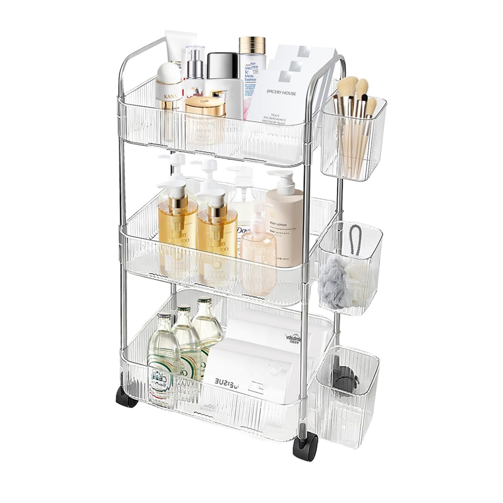TAME 3-Tier Acrylic Rolling Utility Cart with Wheels Multi-Functional Storage Trolley Cart with Clear Trays Movable Storage Cart Organizer for Kitchen Bathroom Living Room Office (3 Tier)