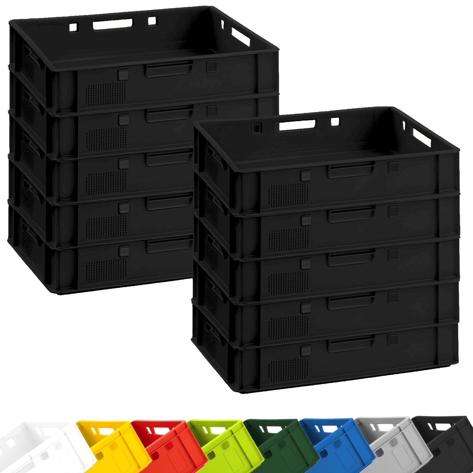 BURI Lot de 10 caisses à viande E1 multicolores 60 x 40 x 12,5 cm – Caisse à boucher Eurobox fabriquée en Allemagne – Qualité alimentaire, robuste, empilable – Boîtes de rangement plates (noir)