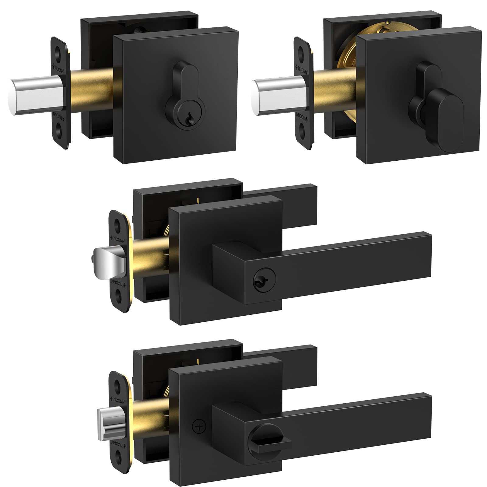 TICONN Deadbolt Door Handle Set, Heavy Duty Reversible Square Door Lever with Dead Bolt for Entrance, Offce and Rooms (Deadbolt with Keyed Entry - Keyed Alike, 2 Pack, Matt Black)