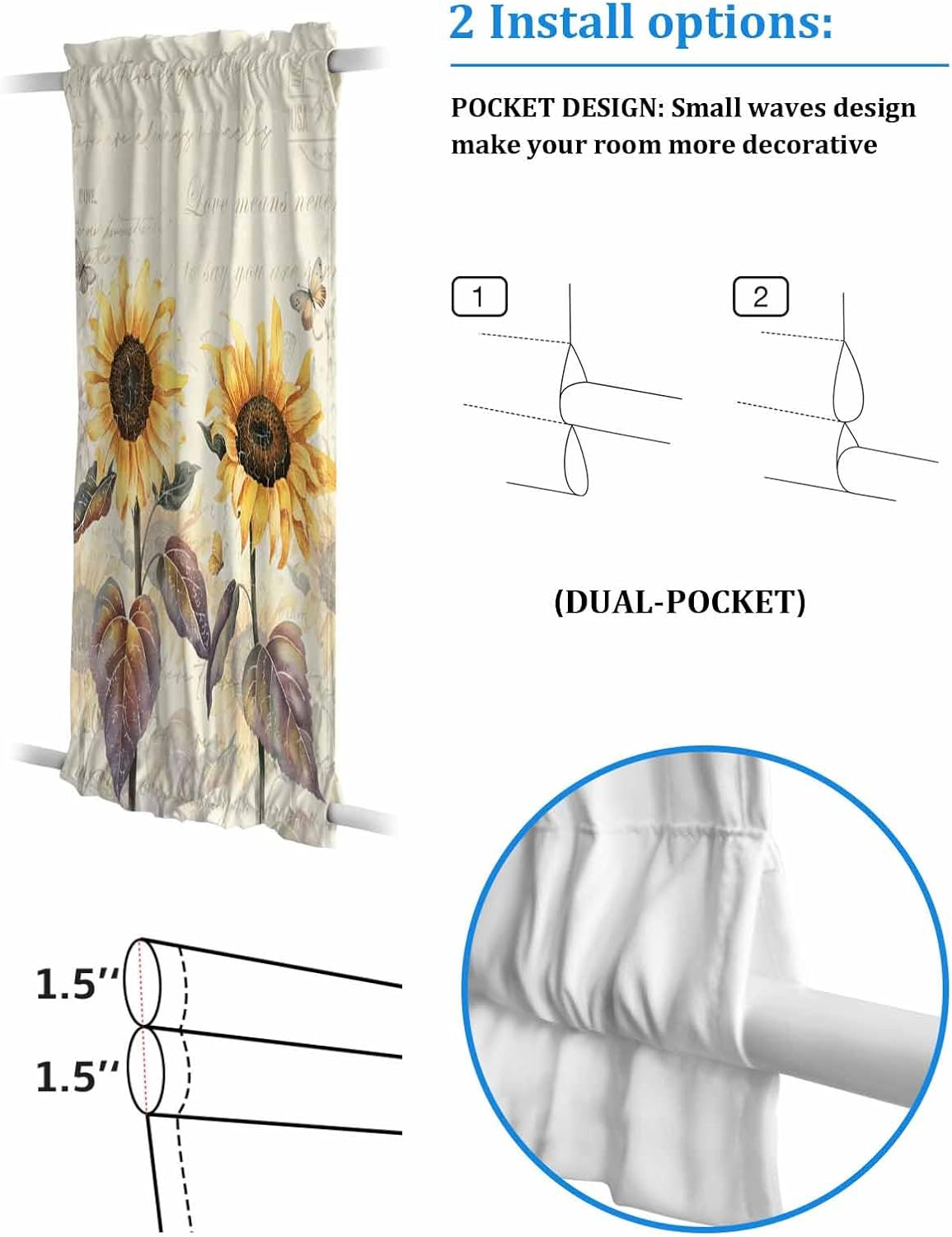 Door Curtains Thermal Insulated Blackout Door Drapes with Curtain Tie Up, Vintage Flower Butterfly American Rural Style Yellow Sunflower Door Curtain for Bedroom Window/Living Room/Doorways 25x72inch