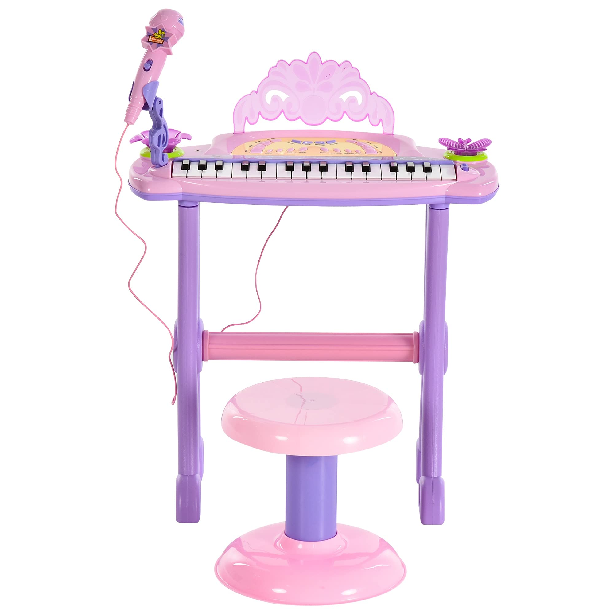 HOMCOM Teclado Electrónico Infantil 32 Teclas Juguete Musical Piano Infantil Piano para Niños con Micrófono Taburete Luces Variedad Sonidos Rítmos Melodias MP3 Karaoke Modo de Enseñanza Rosa