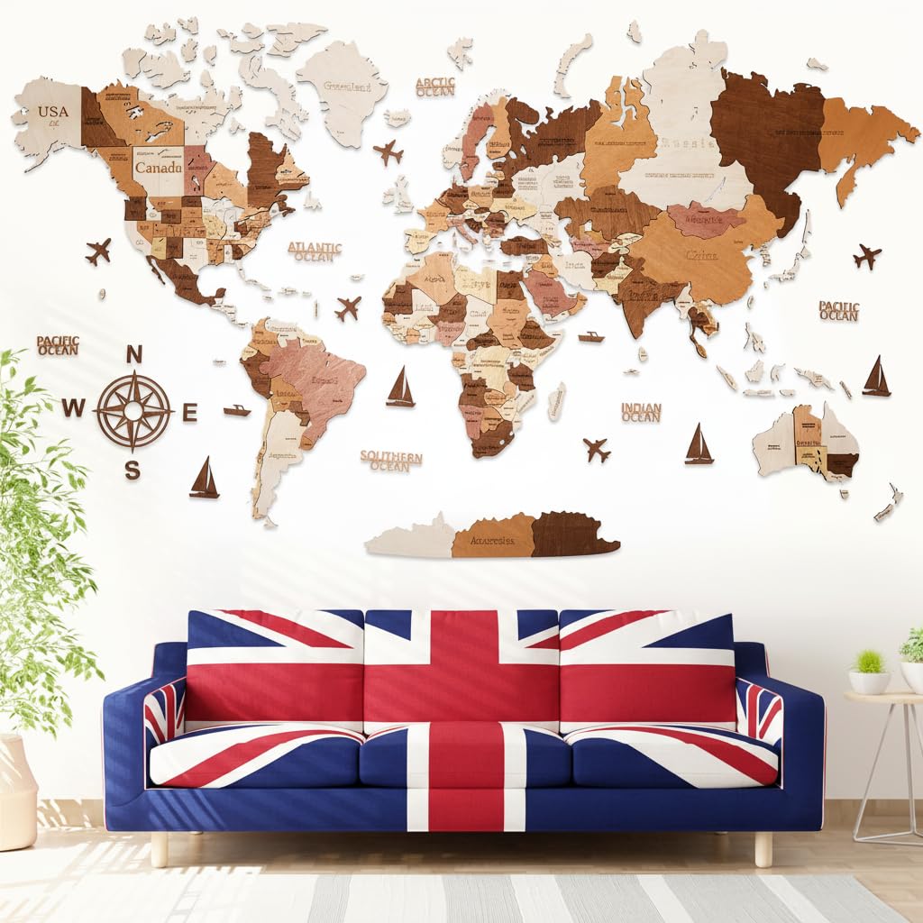 WOW WOOD® Premium Wall Decor 3D Wooden World Map in English with Pins | Tool-free Wall Mounting | Gift idea for any celebration | Wall Decoration for Home and Office | Wooden Colour, M (120x62cm)