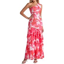 XinFSh Womens Floral Wedding Guest Maxi Dress One Shoulder Ruffle Tiered Bodycon Long Cocktail Party Dresses