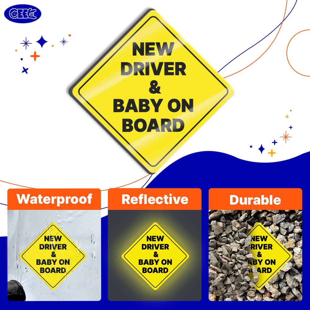 GEEKBEAR Neuer Fahrer und Baby an Bord Auto-Schild - Aufkleber oder Magnet & Farboptionen, wetterbeständig - Rautenform 17,4 cm x 17,4 cm (Yellow, Reflective Magnet)