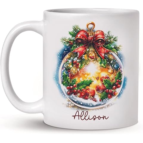 Personalized Holiday Coffee Cup, Customized Holly And Bow Mug, Awesome Christmas De...