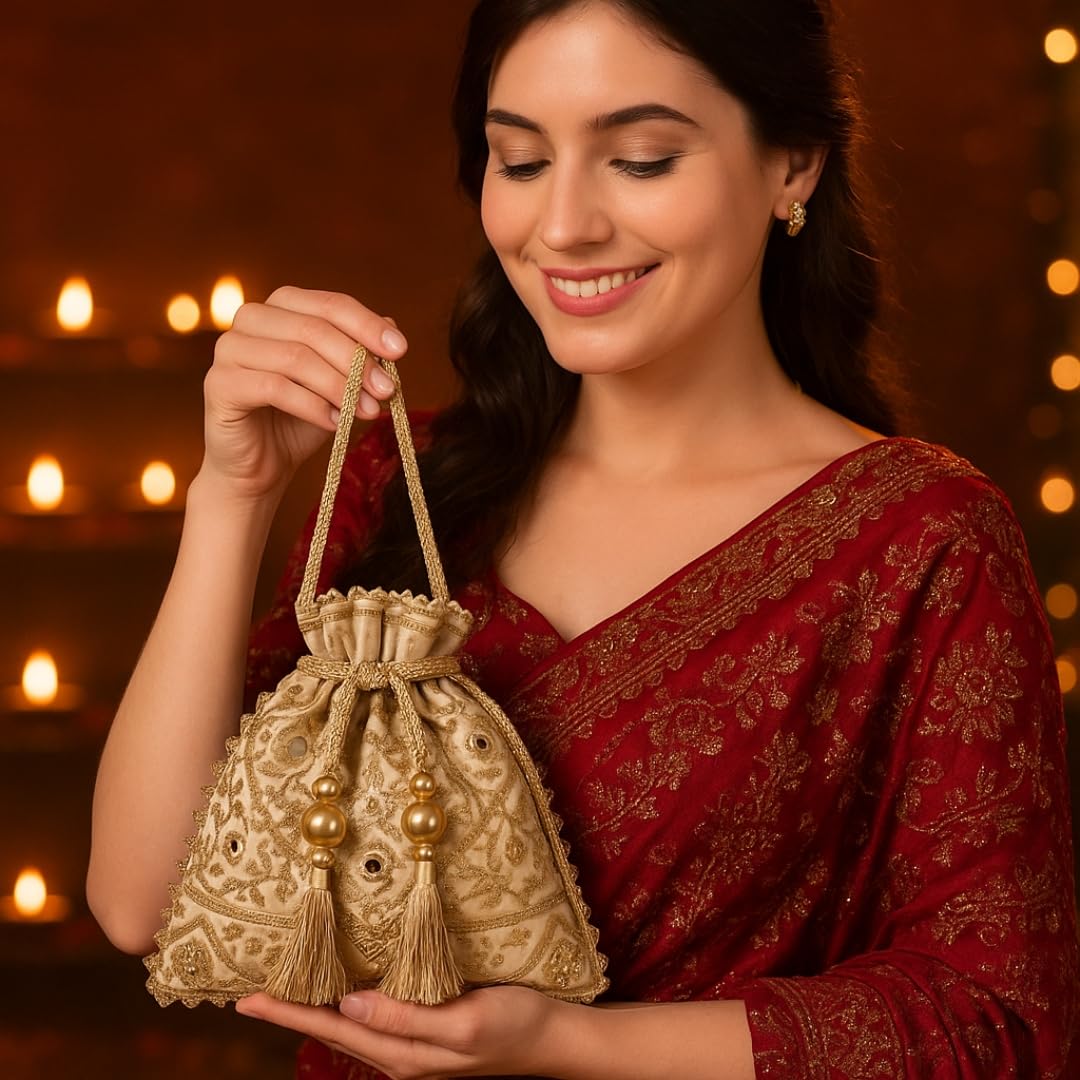 MASQ by Q-One Embroidered Silk Potli Bags - Handcrafted for Weddings, Festive Season & Special Occasions with Beads and Sequins - Proudly Made in India 1