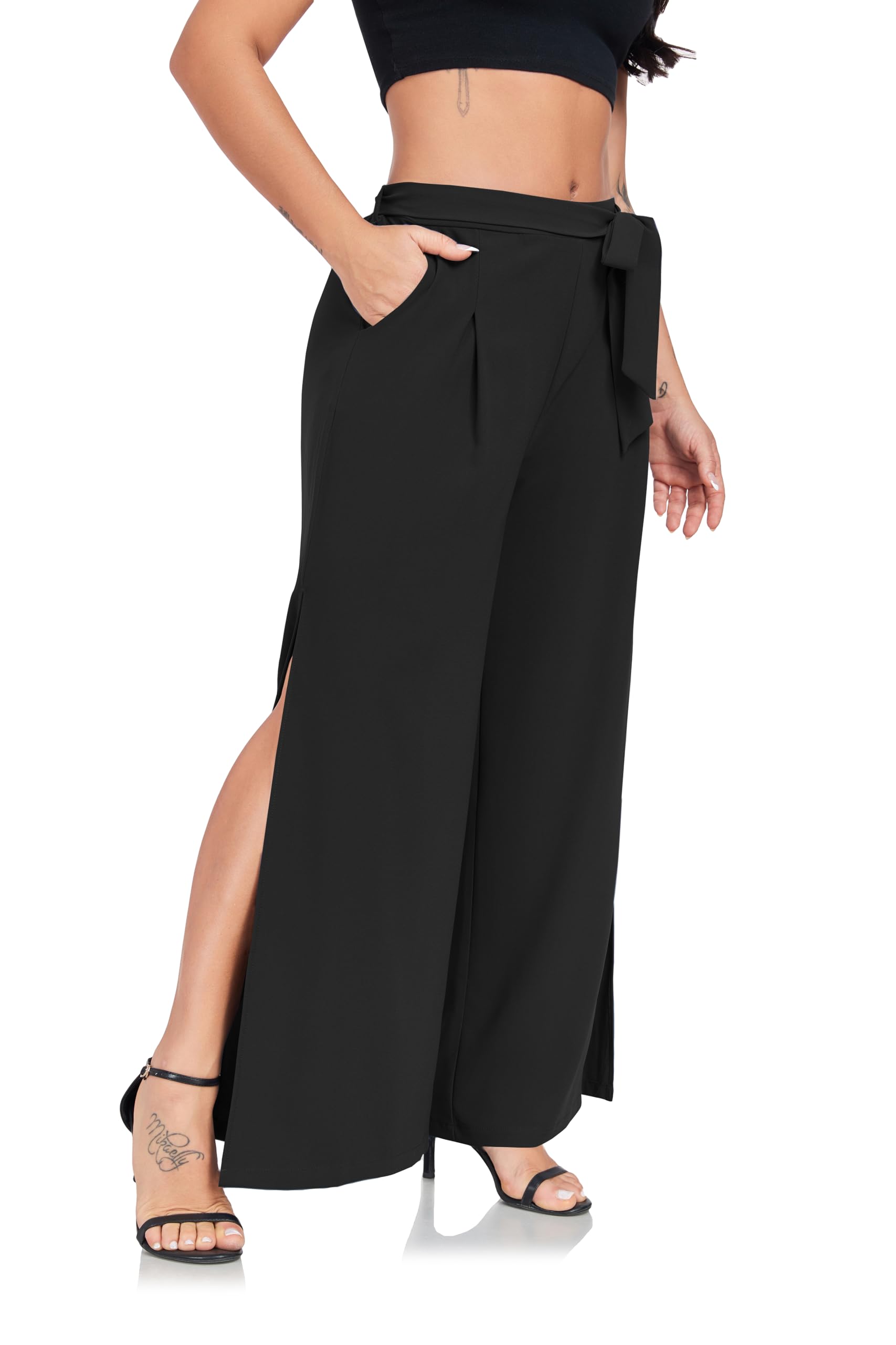 Womens Wide Leg Pants High Waist Tie Knot Front with Pockets Flowy Casual Palazzo Trousers