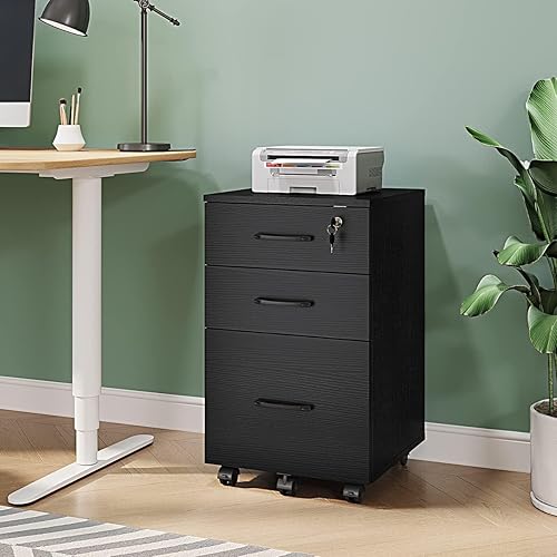 Gyger Archivador de 3 cajones con cerradura, archivador de madera debajo del escritorio, archivador móvil negro para tamaño cartalegalA4 para