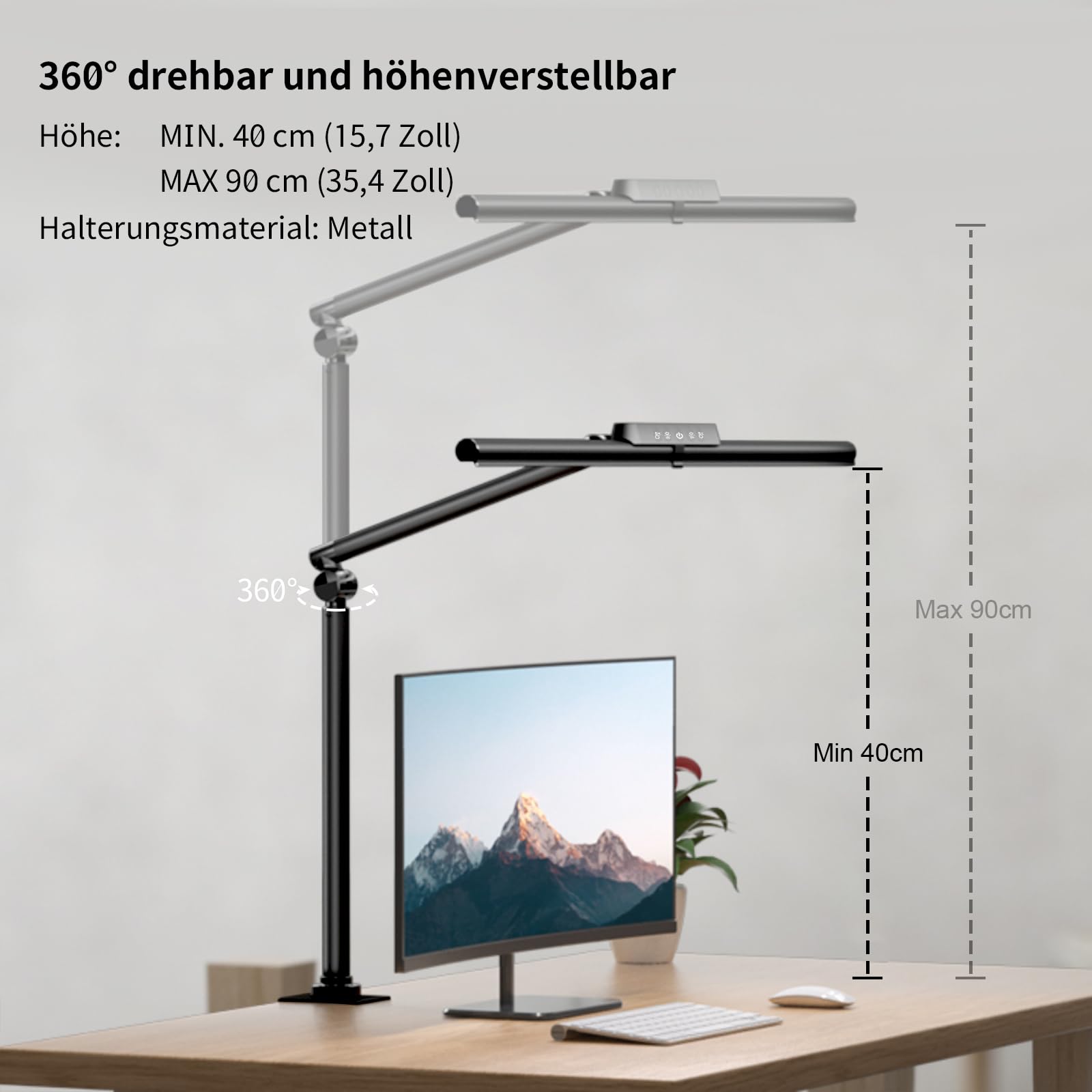 OOWOLF Schreibtischlampe LED, 81,5 cm, 24W dimmbar, 2750-5400K, mit Gestensteuerung & Fernbedienung, Doppelkopf, höhenverstellbar, klemmbar, für Büro, Homeoffice und Detailarbeiten