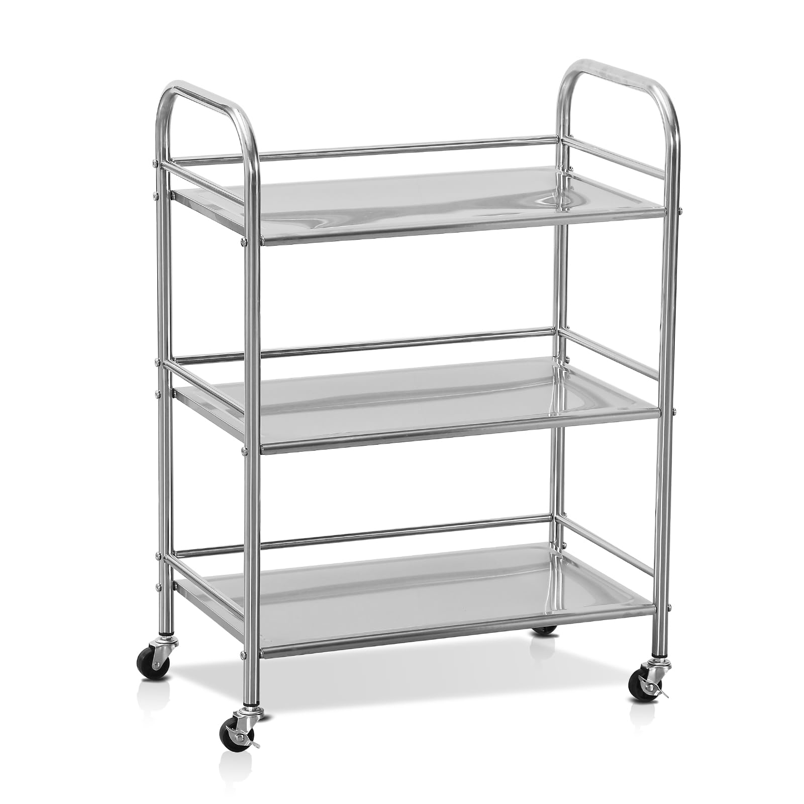 – Stainless Steel Utility Cart - 3-Tire Metal Rolling Small Service Cart on Wheels for Salon Labs Clinic - Flat Top Kitchen Storage Organizer Shelf Trolley for Livingroom Office
