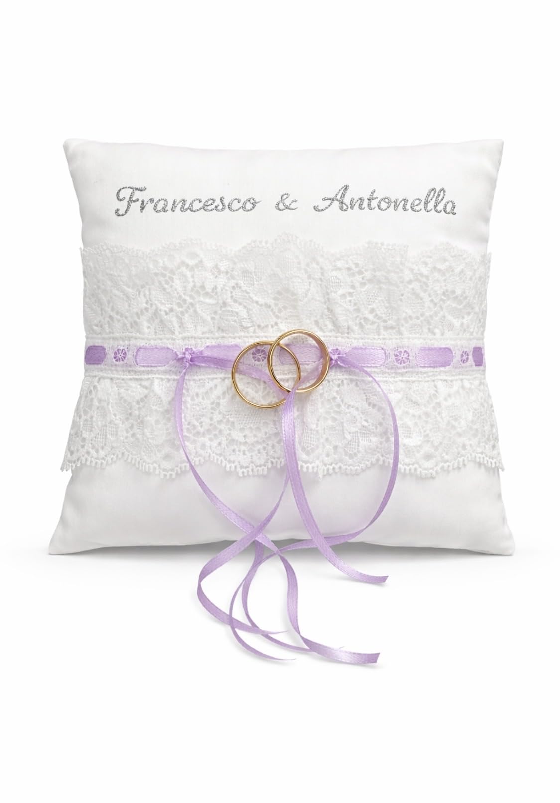 Cuscino Porta Fedi Nuziali Matrimonio Personalizzato con Nomi degli Sposi e Data, Fatto a Mano in Cotone Bianco e Pizzo
