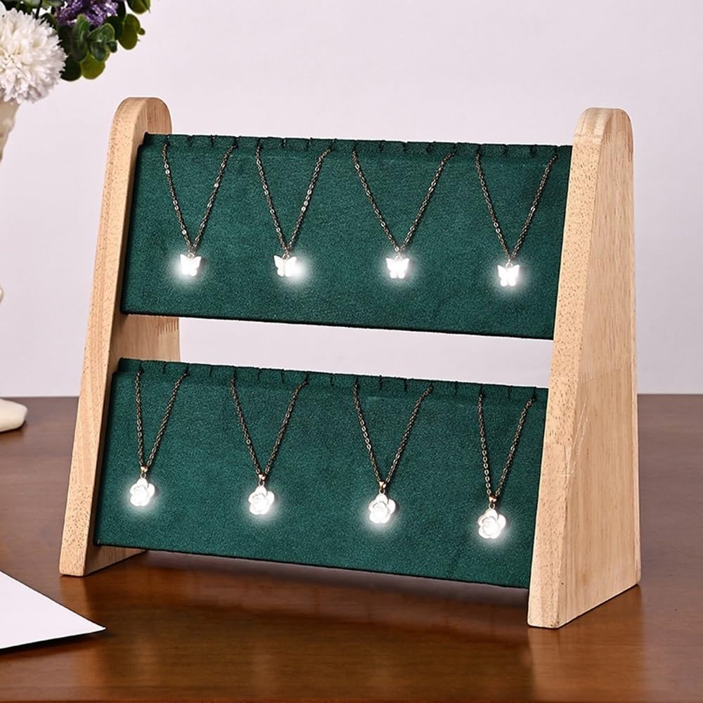 Présentoir de colliers en velours et bois à 2 niveaux, porte-bijoux
