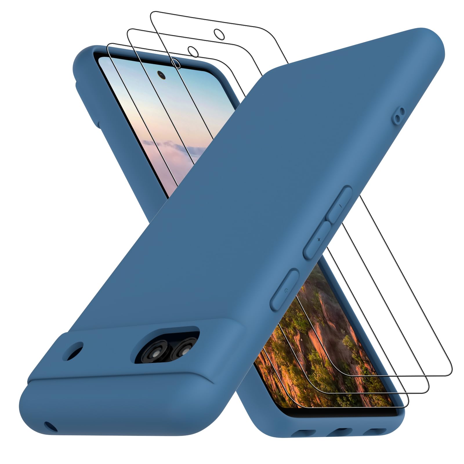 Neseovge for Google Pixel 7A Phone Case with 3 Pack Tempered Glass Screen Protectors, Soft Liquid Silicone TPU with Microfiber Liner Full-Body Protective Cover Case for Google Pixel 7A, Dark Blue