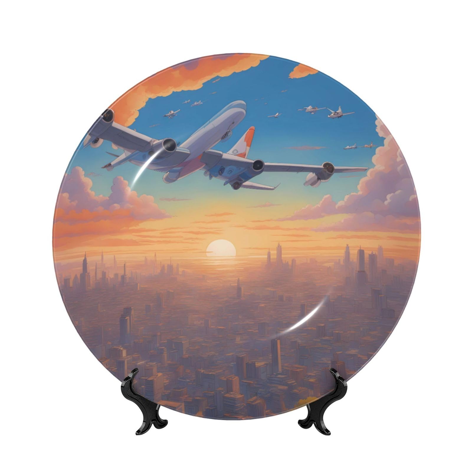 SXZVVBN beautiful airplane Bone China Decorative Plate Art with Stand Removable Adhesive Hanging for Home Office 7in