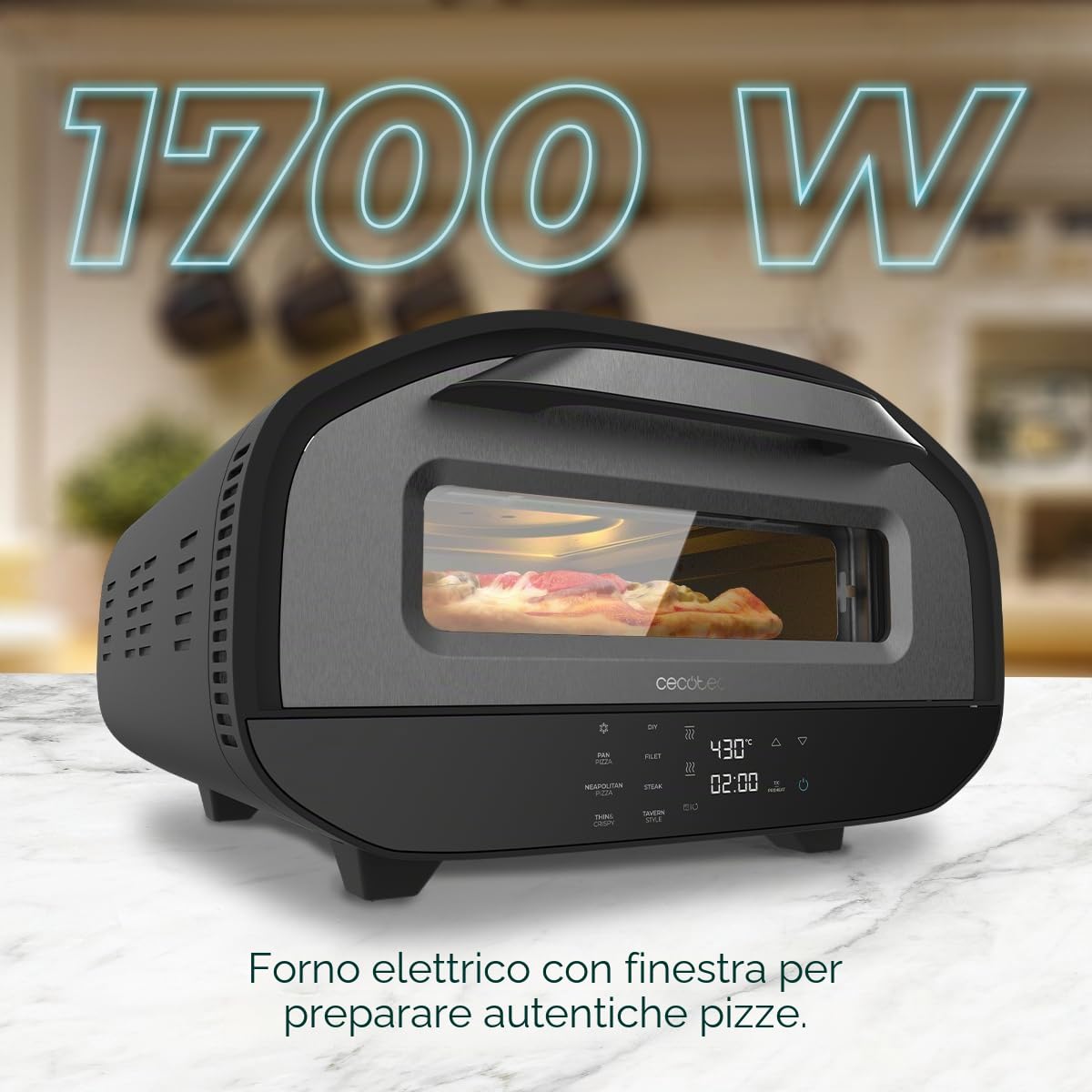 Cecotec Forno Elettrico per Pizza con Finestra Pizza&Co Tifosi. 1700W, Capacità 12 Litri, Controllo Digitale, Acciaio Rivestito, 8 Funzioni, Timer, Temperatura 80°C - 430°C, Luce Interna