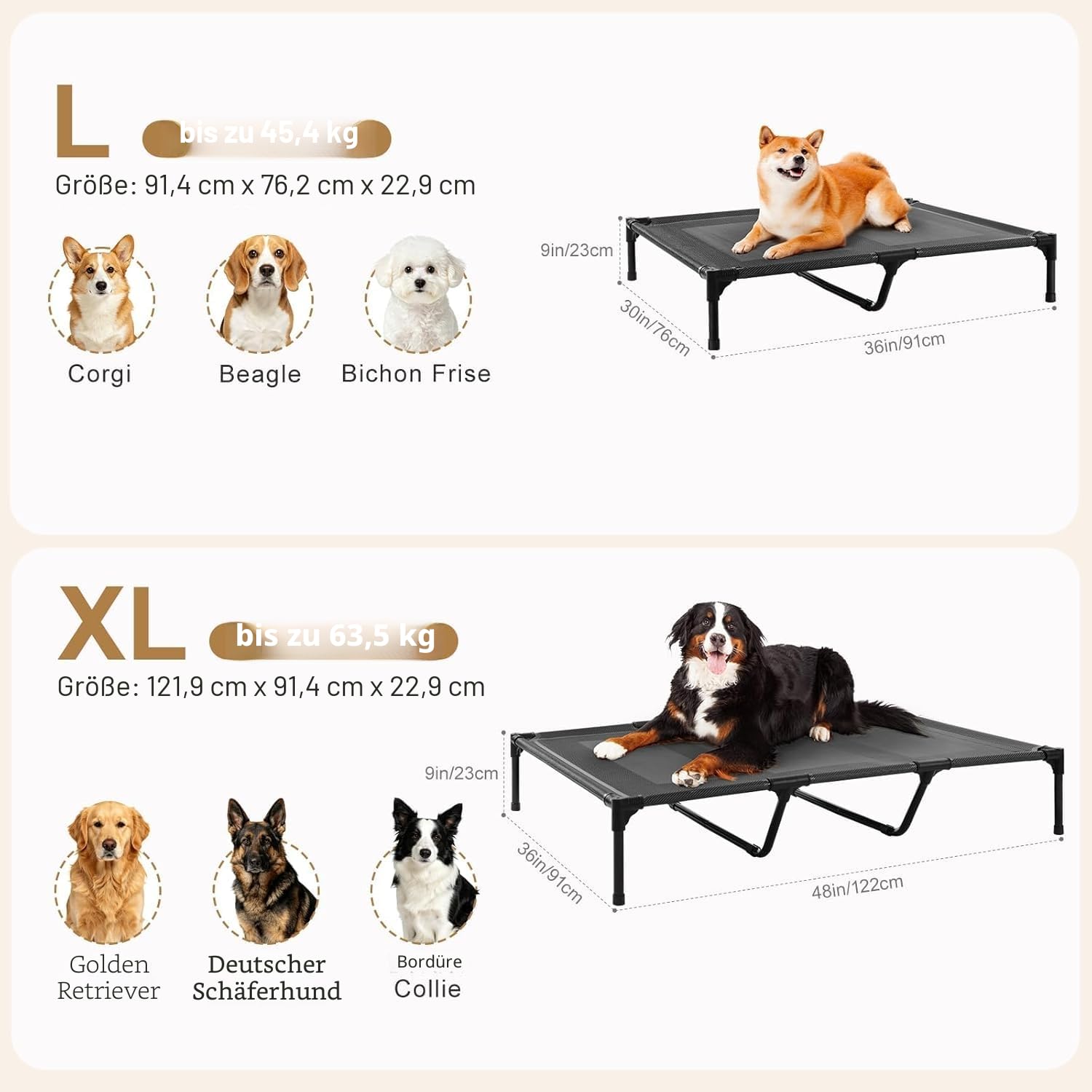 petizer Erhöhtes Hundebett für extra große Hunde, Outdoor-Hundebett, wasserdicht, erhöhtes kühlendes Haustierbett, waschbar, atmungsaktiv, XXL-Hundebett mit Stützstangen – bis zu 90 kg, unzerstörbar