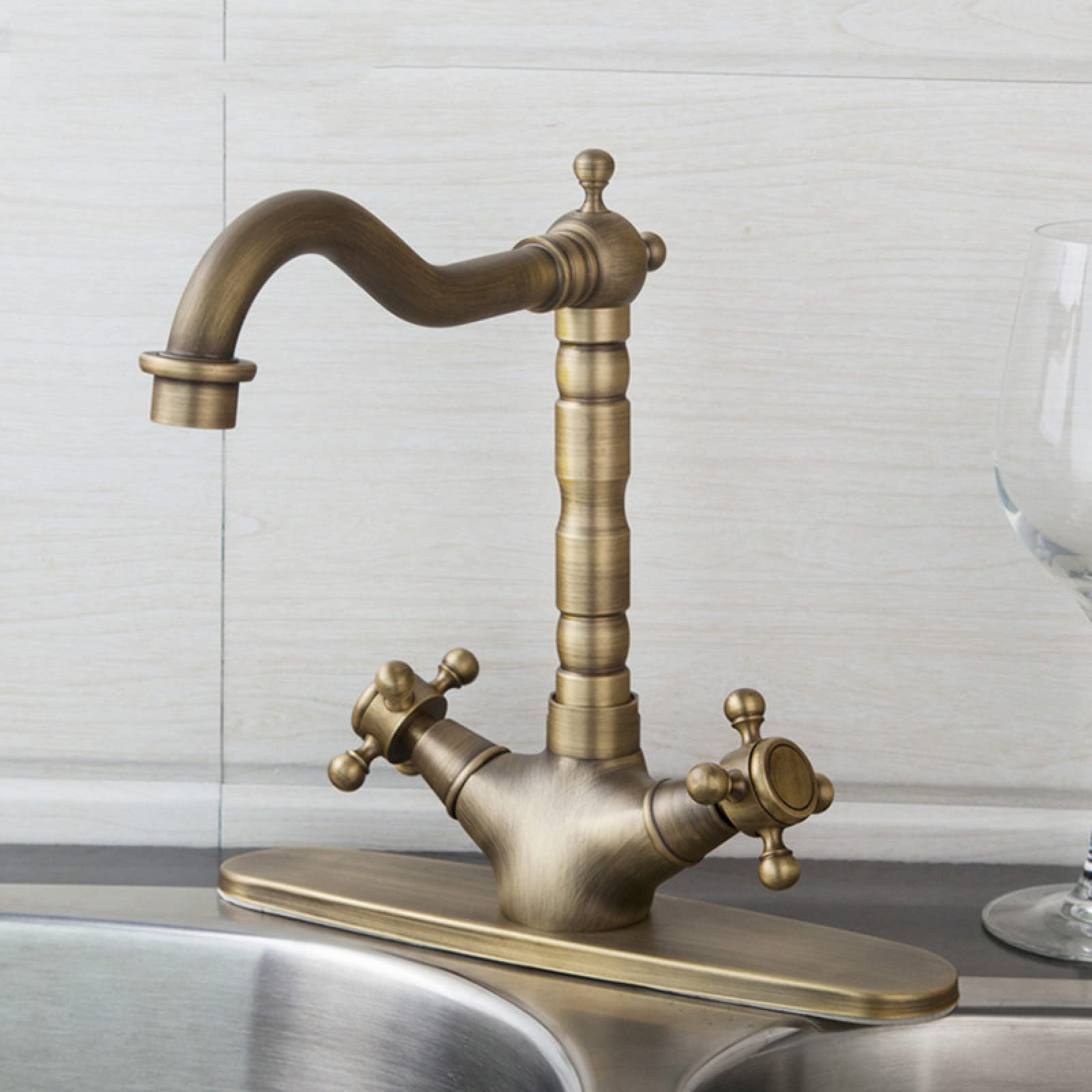 Antique Brass Double Handle + Cover Plate + Hoses Sink Kitchen Bathroom Sink Mixer Tap Swivel Bathroom