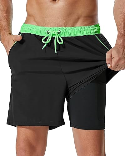 SILKWORLD Bañador para hombres con forro de compresión 2 en 1, traje de baño de secado rápido, pantalones cortos de playa con bolsillos con