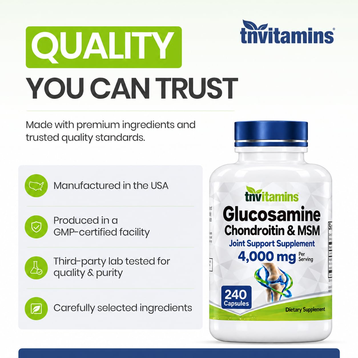 tnvitamins Glucosamine Chondroitin MSM, 240 Capsules, 4,000 mg Per Serving, Glucosamine Sulfate 2KCl, Joint Support Supplement for Men & Women — Amazon image 7