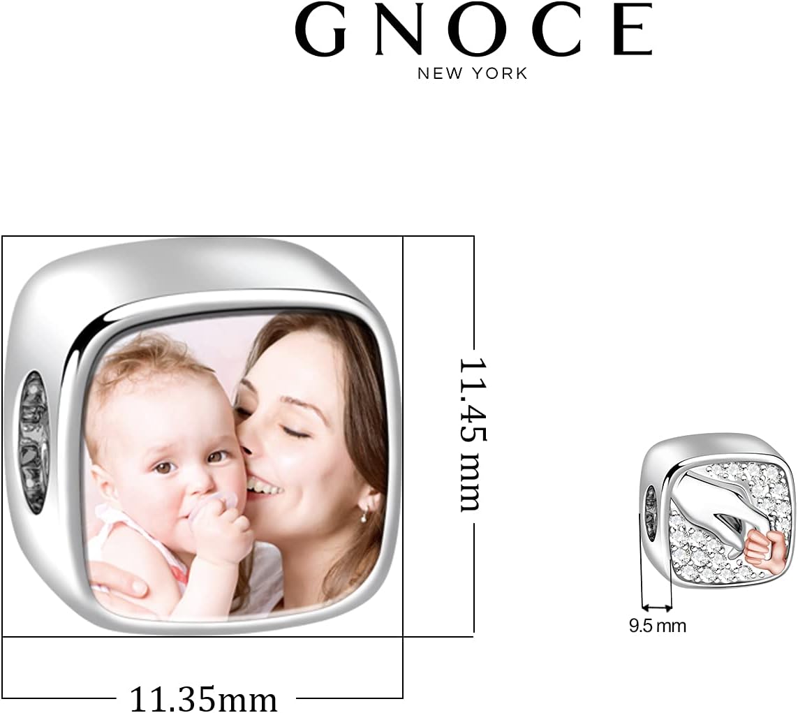 GNOCE Custom Charm Bead Sterling Silver Mom-Love Bond Personalized Photo Charm with Holding Hands fit Bracelet Necklace Gift for Women