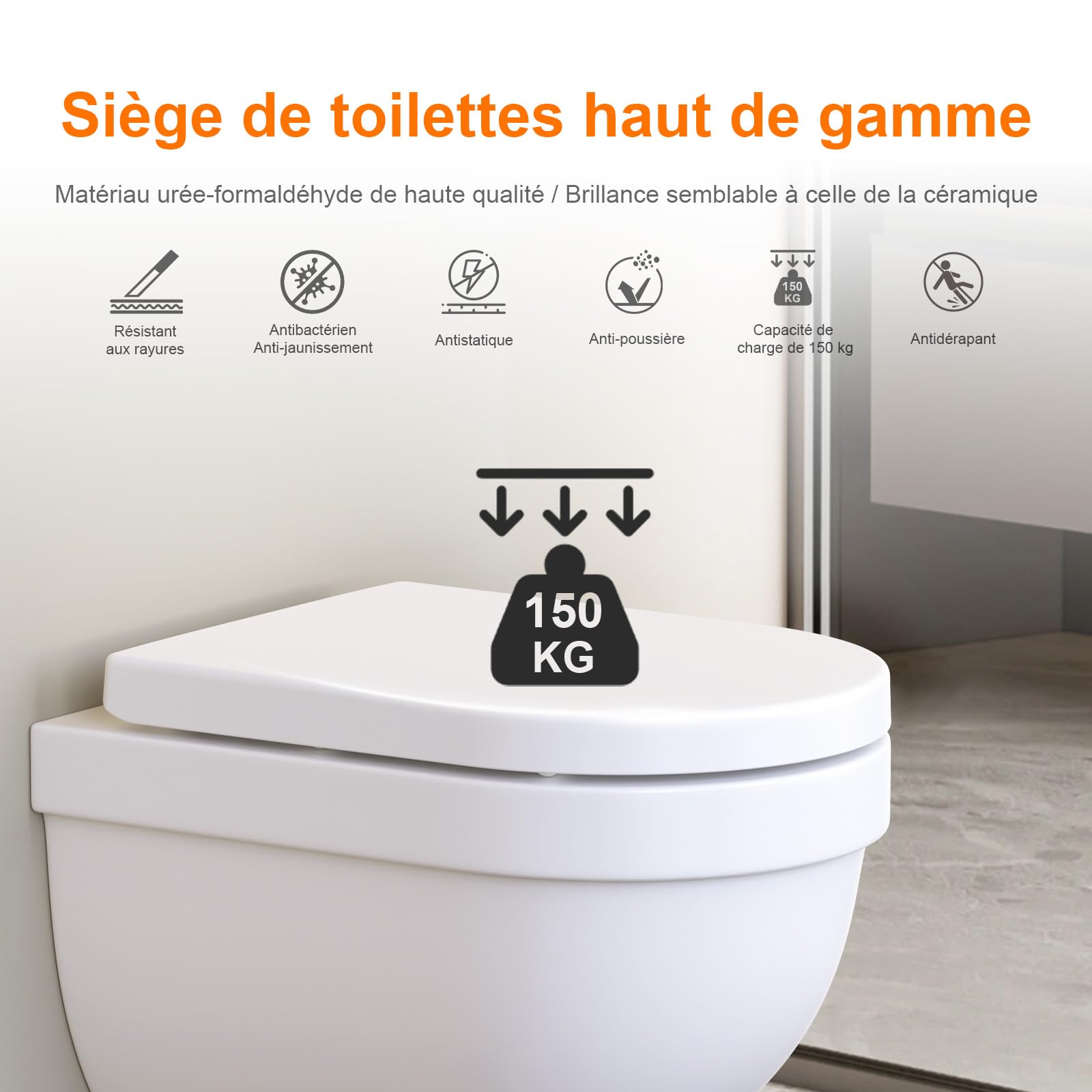 GRIFEMA Premium Abattant WC - Forme D, Universel - Duroplast(UF), Finition Céramique Brillante - Antimicrobienne & Anti-Jaunissement - Dégagement Rapide & Facile à Nettoyer - 150kg Capacité, 46.5x36cm