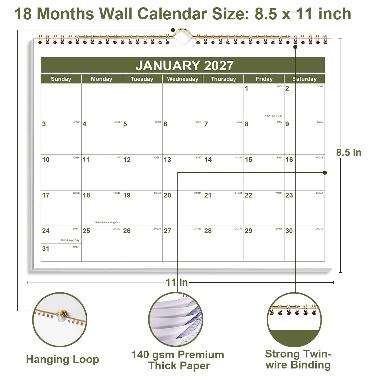 Kalender 2025-2026 - Wandkalender 2025-2026 von November 2025 bis Juni 2027, Spiralbindung Hängender Wandkalender 2026 für Zuhause/Büro, 21,6 x 27,9 cm, Grün