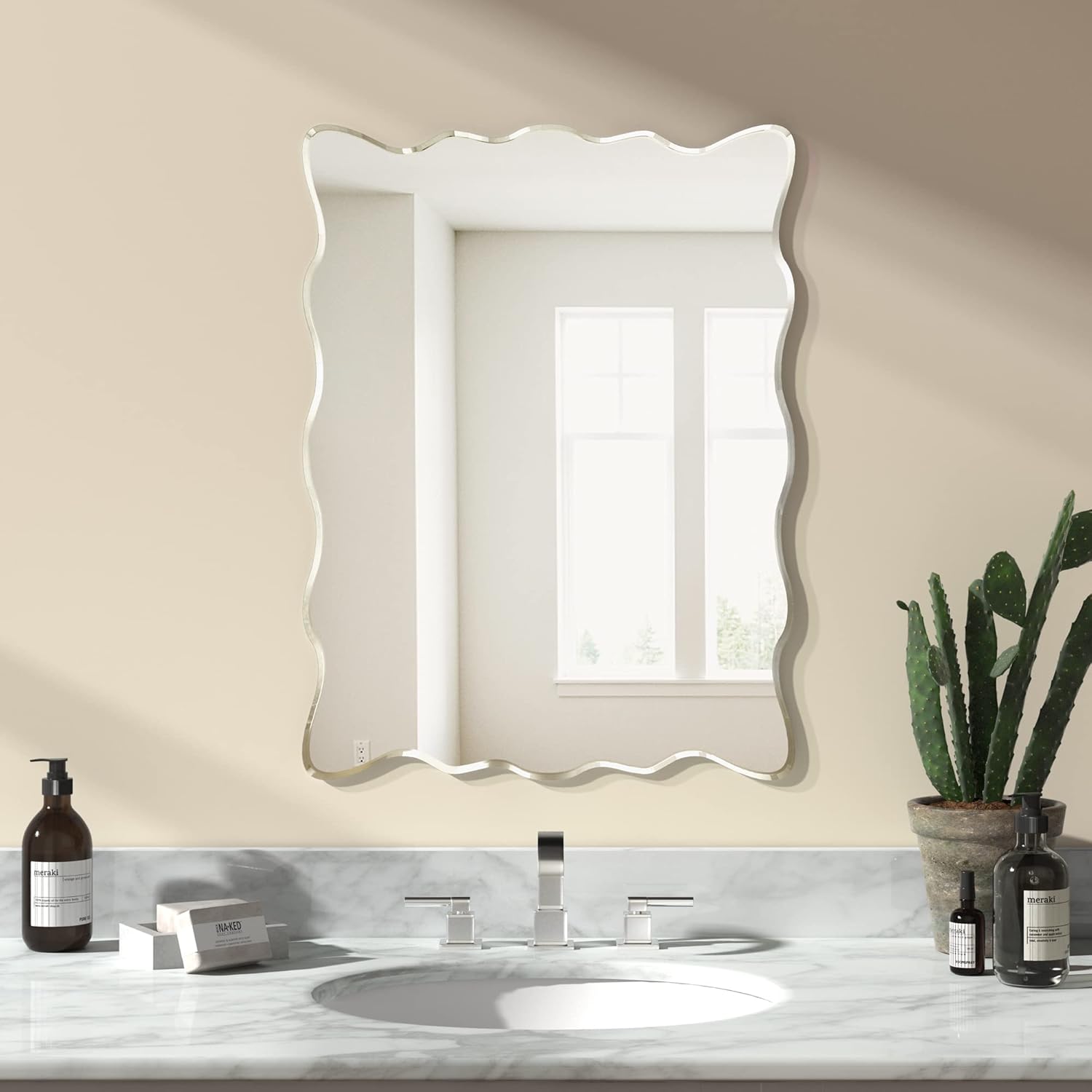 KOHROS Wavy Wall Mirror Frameless Bathroom Mirrors for Over Sink 18” x 24" Beveled Edge Mirror for Vanity and Entryway Hang Horizontally or Vertical Wavy 18"L x 24"W