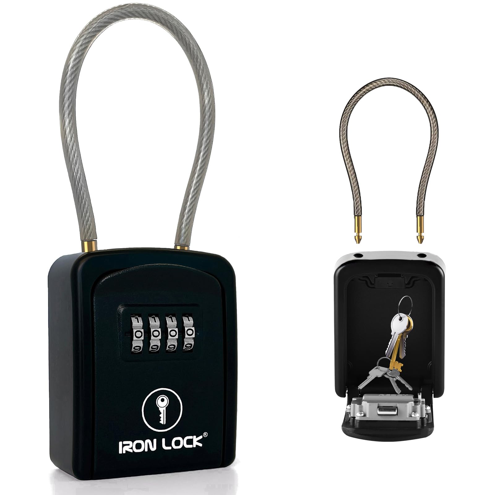 Iron Lock® Key Lock Box Portable with Cable Shackle – Small Waterproof Heavy-Duty Metal Safe with 4-Digit Combination for Spare Keys Outside on Door Knob, Fence, Pipe or Gate (Black, Small)