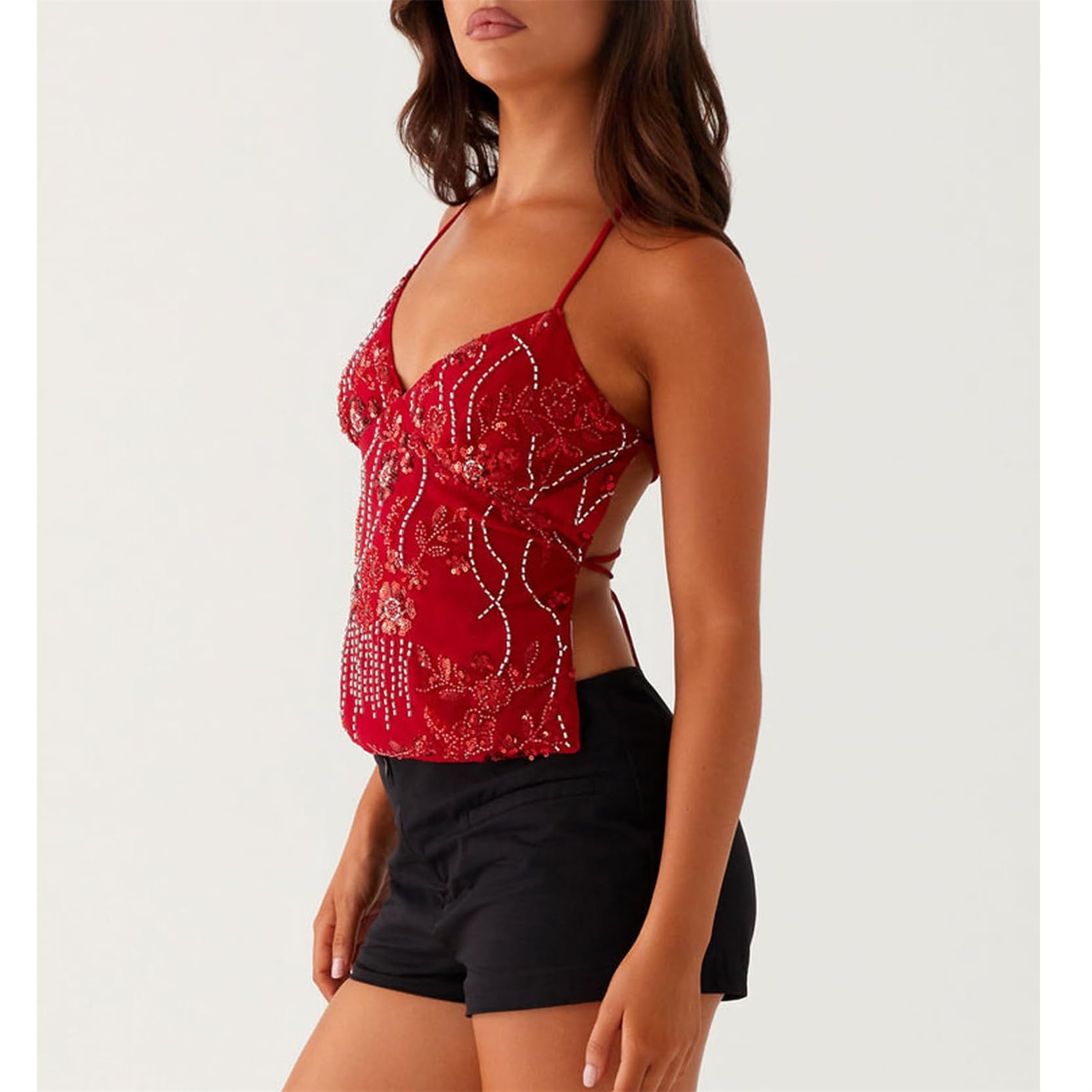 LYGBAOFUL Top Halter con Cuentas de Lentejuelas, Camisola de Fiesta sin Mangas Brillante Y2K con Cuello Vuelto de Corte bajo, Tops Adornados con Diamantes de imitación con Purpurina sin Espalda