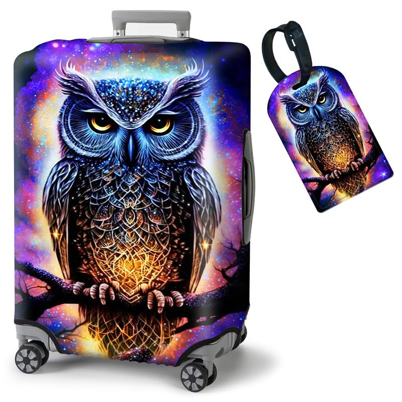 FUYOCWE Luggage Covers for Suitcase TSA Approved,Elastic Washable Suitcase Cover Protector,Glowing Owl Luggage Cover Sleeve Wrap for 19/20/ 21 Inches Suitcase Travel Accessories