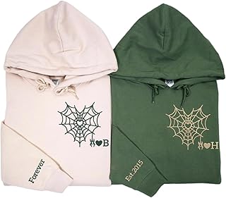Noni Personalized Couple Hoodies, Custom Embroidered Matching Hoodies for Lovers, Spider Web Pattern, Gifts for Her and Him, Boyfriend, Valentine's, Halloween, Christmas - Buy now