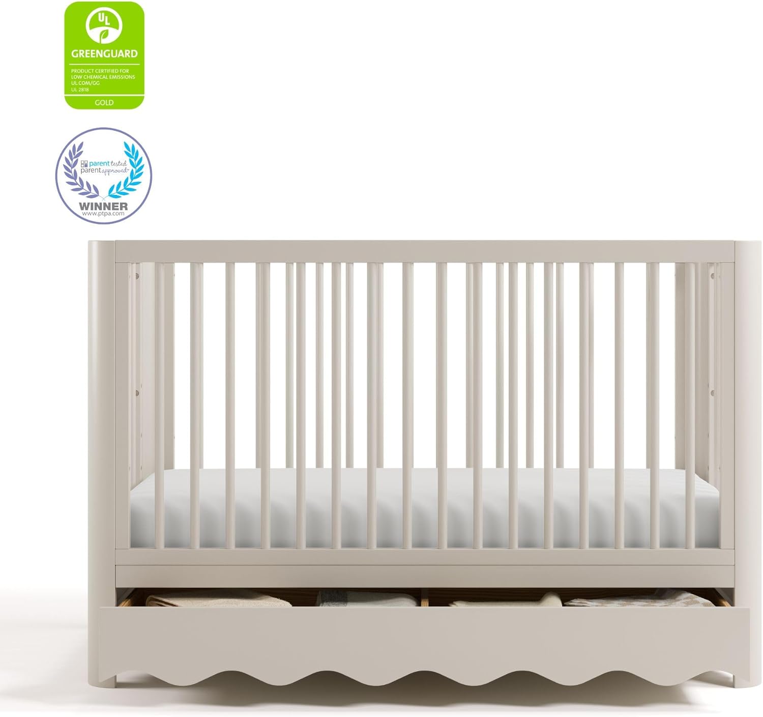 Storkcraft Casablanca Convertible Crib with Drawer and Toddler Guardrail (Frosted Oat) – GREENGUARD Gold Certified, Toddler Bed Conversion Kit Included, Fits Standard Crib Mattress, Crib with Storage