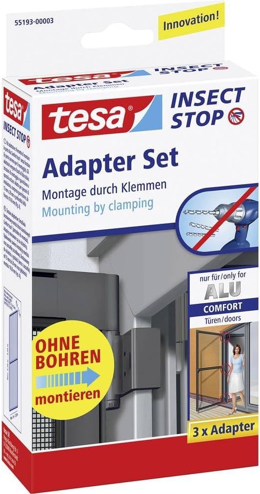 Tesa 55192-00003-00 Moskitera, Antracyt, 1,0m x 2,2m & tesa Zestaw adapterów moskitiery Insect Stop do drzwi ALU COMFORT - antracyt