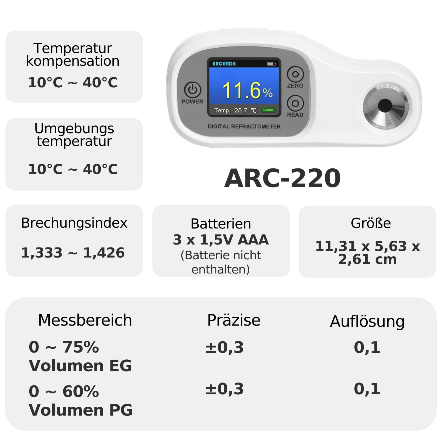 Digitales Refraktometer Kühlmittel Refraktometer Frostschutz Refraktometer Frostschutz Messgerät Frostschutz Prüfgerät Frostschutzmessgerät ATC EG 0~75% Volumen, PG 0~60% Volumen