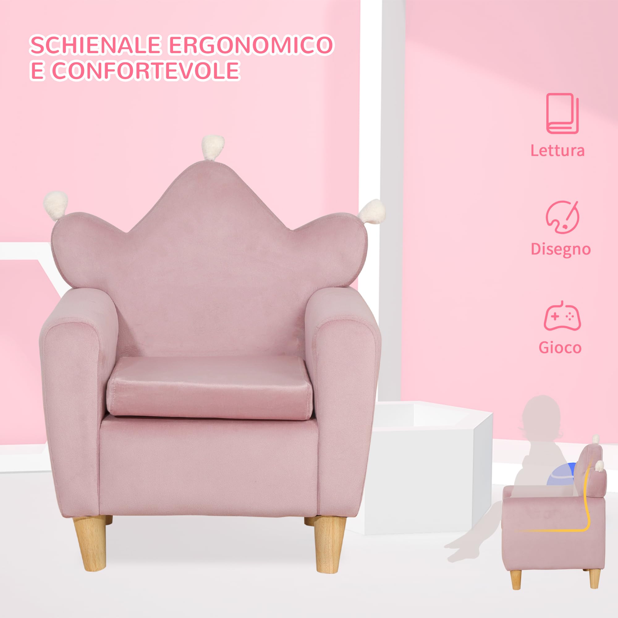 HOMCOM Poltrona per Bambini con Schienale a Corona e Imbottitura Spessa, Poltroncina per Bambini in Tessuto Effetto Velluto e Legno, 50.2x41.9x57.8 cm, Rosa