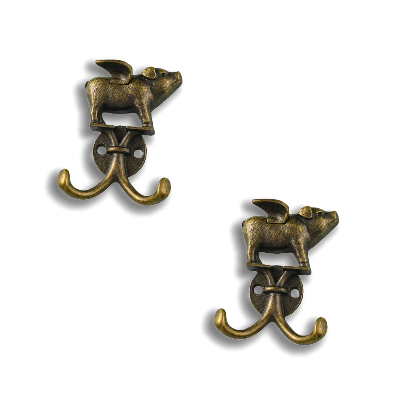 2Pcs Flying Pig Coat Hooks Wall Mounted,Heavy Duty Vintage Antique Brass Animal Hooks for Farmhouse - Decorative Pegs for Wall,Funny hooks for Coat,Bag,Towel,Key,Robust Wall Hooks for Home & Hallway