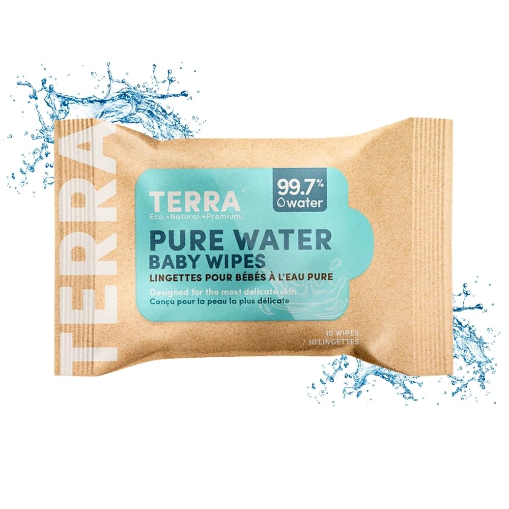 Terra® 100% Biodegradable Bamboo Baby Wipes - 10 Count (Pack of 1) | Unscented Water-Based, Plastic & Alcohol-Free Baby We...