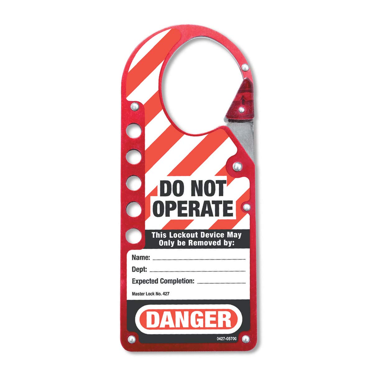 Master Lock White & Red 427 Labeled Snap-On Lockout Hasp For 5 Safety Padlocks For Mechanical Lockout