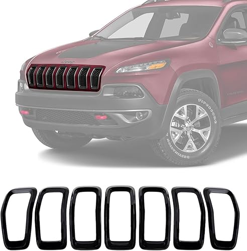 Juego de anillos de parrilla delantera compatibles con Jeep Cherokee 2014-2018, kit de molduras de marco, anillos negro mate, 7 piezas