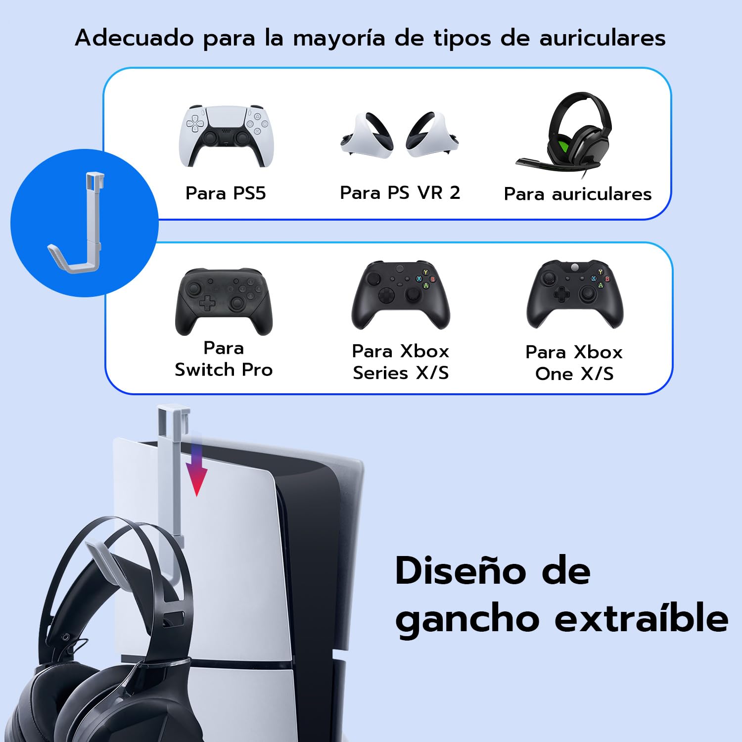 Soporte para PS5 Slim, Estación de Carga con LED para PS5 Slim Digital/Disc Edition, Base de Cargador para Controlador Dual PS5 con Soporte para Auriculares - Blanco - No para PS5/PS5 Pro