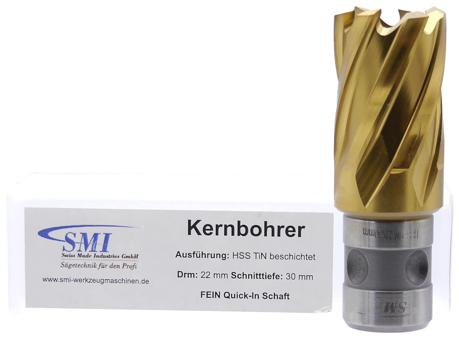 SMI HSS TiN Kernbohrer 22 mm Drm. Schnitttiefe 30 mm, Aufnahme FEIN Quick-In Schaft