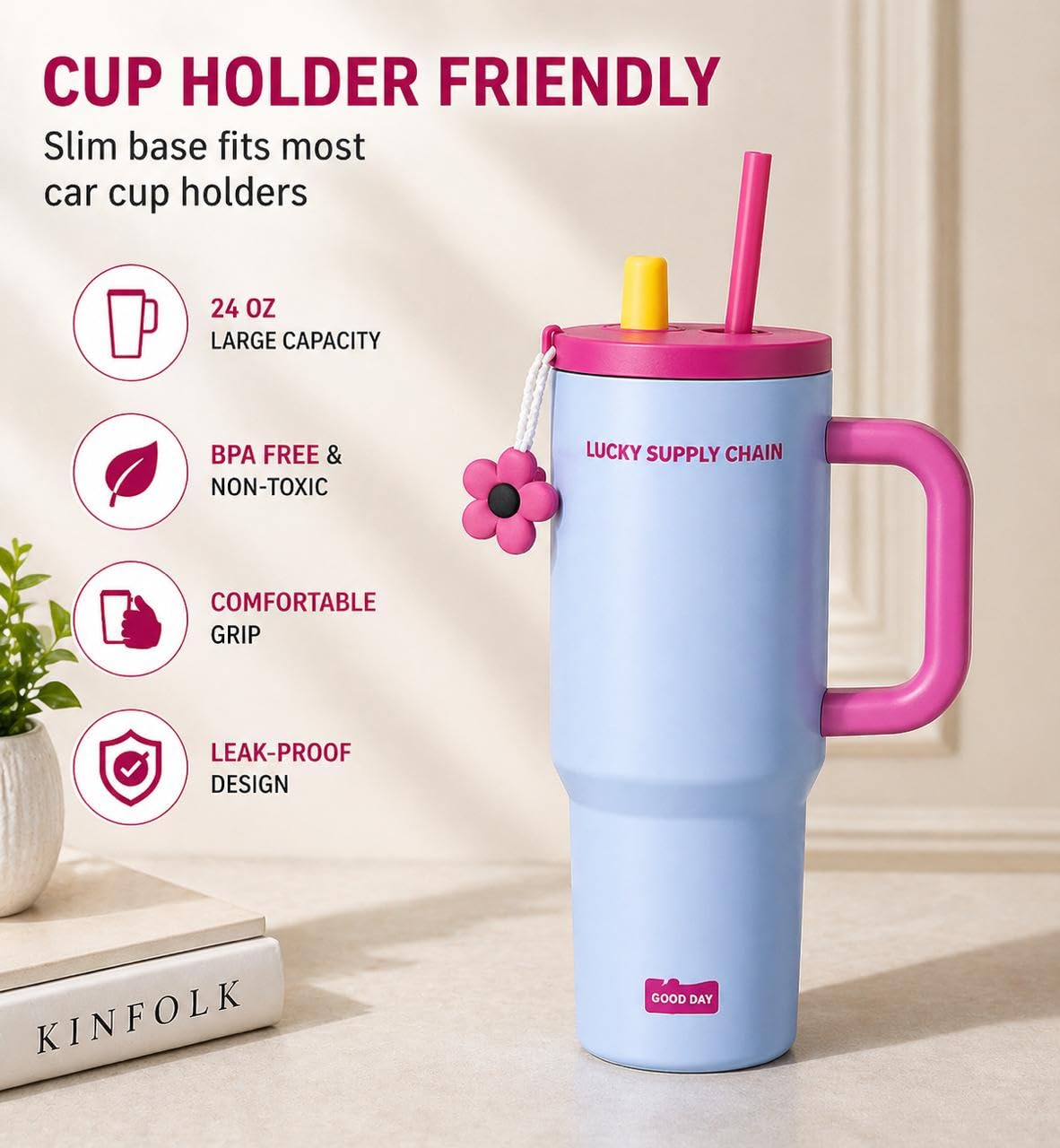 Buy JD-Collection Insulated Tumbler with Handle and Straw, Pink
