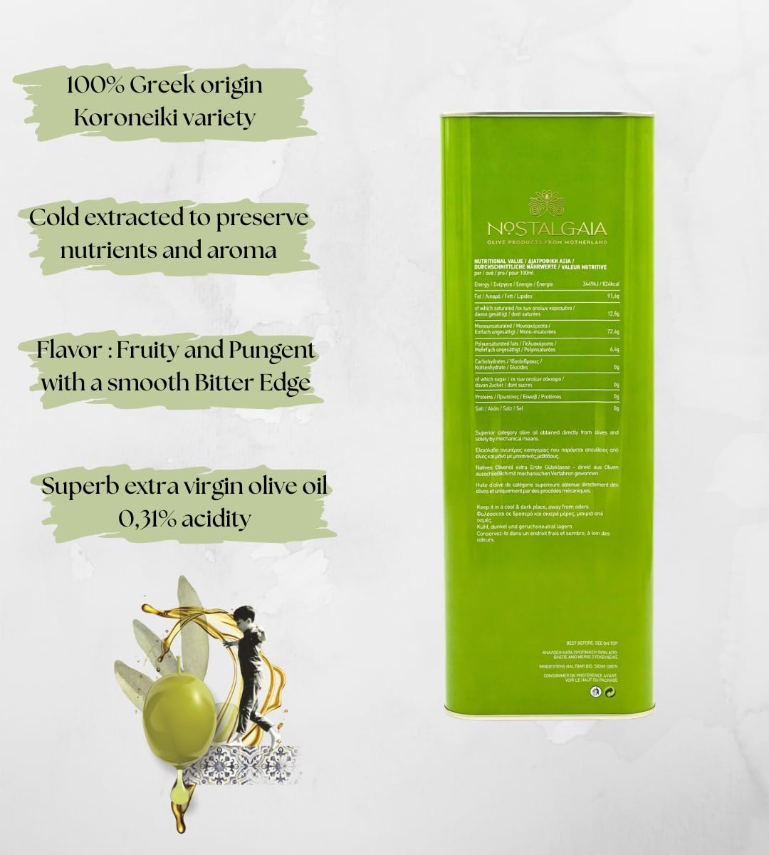 NOSTALGAIA 5 Litres Griechisches Natives Olivenöl Extra – 100% Koroneiki, kaltgepresst, frische Ernte 2025/2026, sehr niedrige Säure, Premium Olivenöl, 5L Kanister